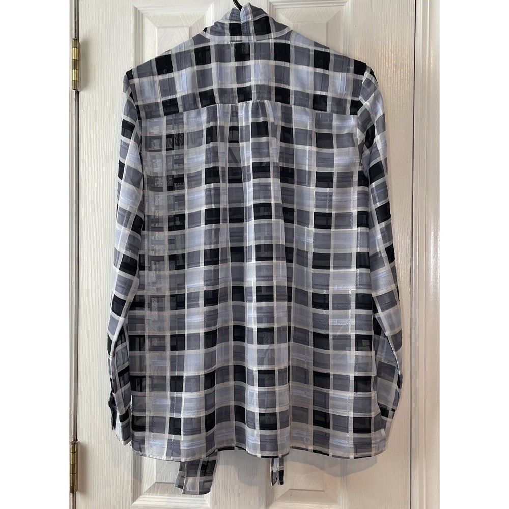 Ann Taylor Sheer Blouse Small Blue Plaid Tie Neck Long Sleeve Office Workwear - Picture 6 of 16